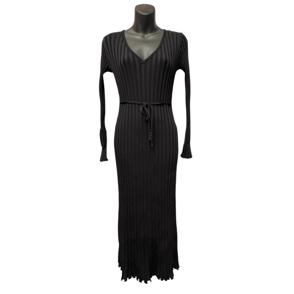 DISSH Black Ribbed Knit Tie Waist Maxi Dress Size Small Classic Chic Date Night